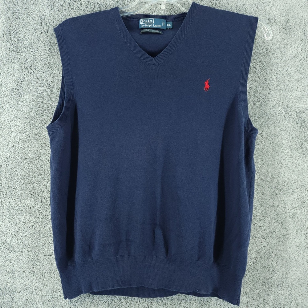 Polo Ralph Lauren Sweater Mens XL Navy Pima Cotton Vest Pullover V-Neck Pony Y2K